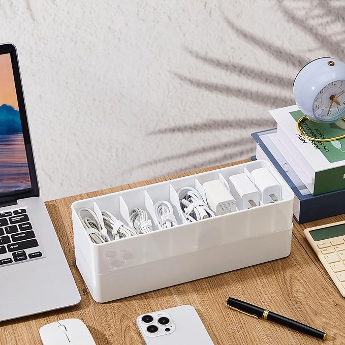 Tatuo 4 Pcs Cable Organizer with 40 Wire Ties, Plastic Cord Storage Charger Box Electronics Organizer with Adjustment Compartments Cable Storage for Drawer Home Office Desk Accessories (White)