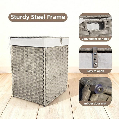 130L Foldable Outdoor Wicker Storage Basket with Lid - Patio Storage Hamper with Removable,Machine Washable 2-Compartment Liner & Handles for Clothes,Pillows,Bedding(Gray)