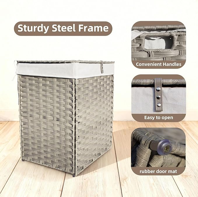 Woven Rattan Laundry Hamper with Lid & Handles,130L Foldable Laundry Basket Includes Machine Washable Removable Liner with 2 Compartments for Storage Basket for Bedroom, Bathroom (Gray)
