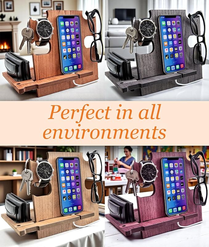 GRETAOTO Personalized Wood Phone Docking Station Gift for Men Bedside Nightstand Charging Station Organizer Mens Accessories Phone Stand Anniversary Birthday Gifts for Dad Him Husband