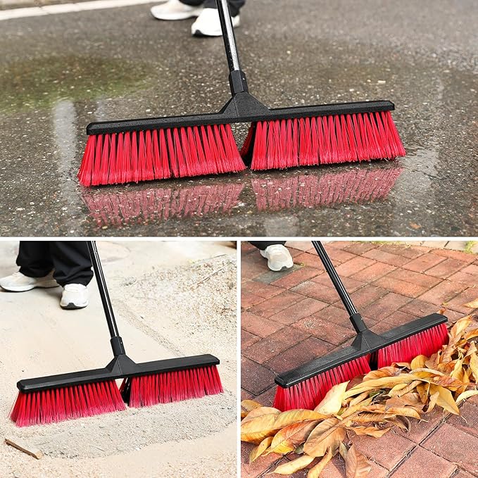 24" Push Broom with 63" Long Handle, Heavy Duty Broom for Floor Sweeping, Stiff Bristles Push Broom Brush for Workshop, Garage, Concrete, Patio and Deck