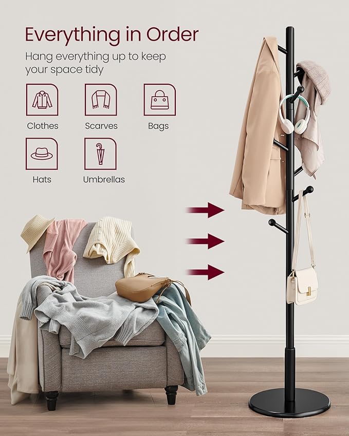 VASAGLE Solid Wood Coat Rack, Free Standing Hall Coat Tree with 8 Hooks, 3 Height Options, for Coats, Hats, Bags, Purses, for Entryway, Hallway, Rubberwood Hooks and Pole, Ink Black URCR007P33