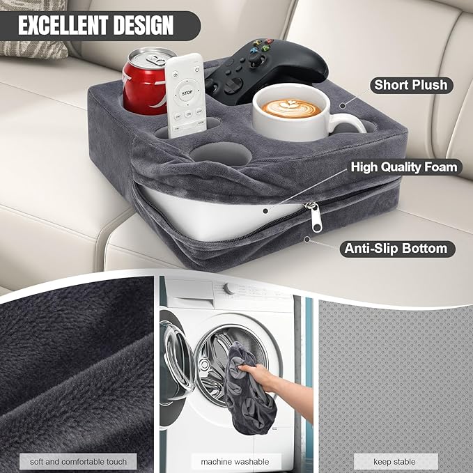 STBoo Couch Cup Holder Pillow - Sofa Drink Cup Holder Cozy Buddy | Bed Caddy Organizer Holds Remote, Snacks, Phones | Waterproof Anti-Spill Sofa Beverage Tray for Car, Pack, Beach, RV, Boat (Grey)