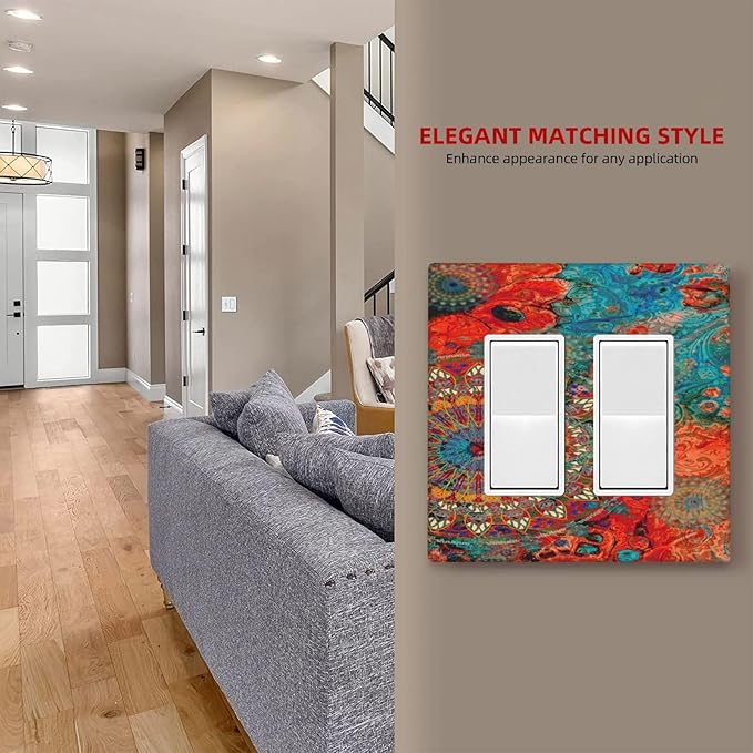 Abstract Ombre Colorful Indian Mandala Double Rocker Light Switch Cover 2 Gang Dual Outlet Covers Wall Plate Decorative GFCI Switchplate Electrical Faceplate for Livingroom Bedroom Bathroom Decor