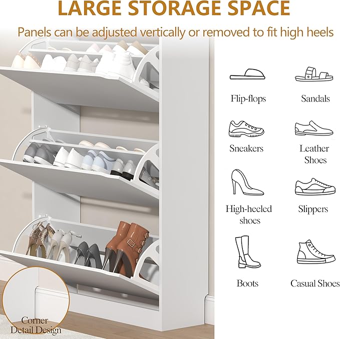 Shoe Cabinet with 3 Flip Drawers, 47" Slim Hidden Wood Shoe Storage Cabinet with Adjustable Shelf, Freestanding Narrow Shoe Rack Organizer for Entryway, Hallway, White