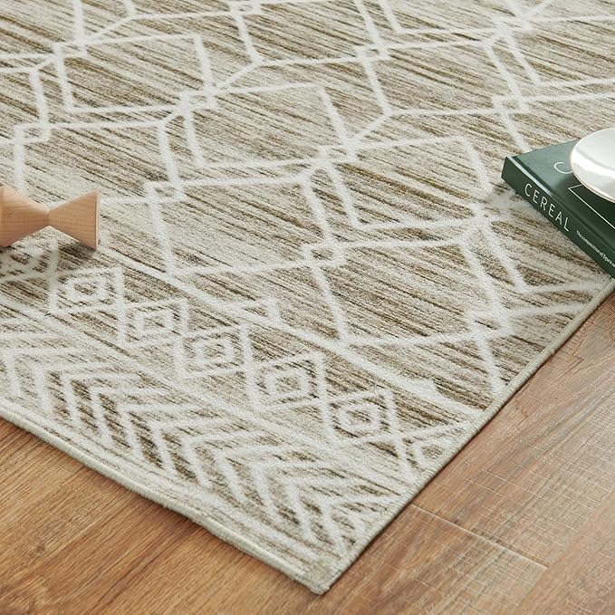 jinchan Moroccan 6x9 Area Rugs for Living Room - Machine Washable Modern Geometric Stain Resistant Ultra-Thin Low-Pile Large Rug Non-Slip Carpet for Bedroom Kitchen Dining Room (6x9ft, Taupe)