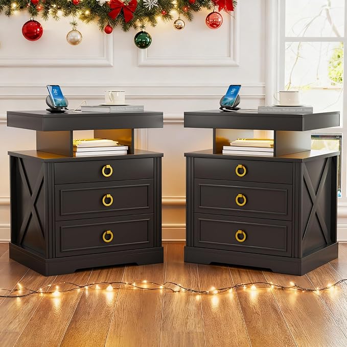Gurexl Farmhouse Set of 2 Night Stand with Lockable Gun Drawer,LED Nightstand with Charging Station,Bedside Table with Human Sensor 3-Color Lights,End Table with 3 Drawers,Bedroom,Black