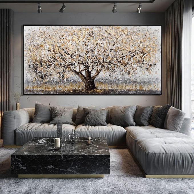 CHUDANHAO Gold Foil Canvas Wall Art Flower Wall Decor Plant Photo Prints Landscape Wall Decorations 29"x58" Large Artwork for Living Room Office