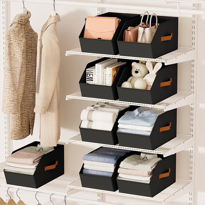 Large Closet Storage Cubes - Closet Storage Bins with Dual Handles for Clothes, Towels, Toys, Shelf Organizer Bins for Bedroom, Nursery, Shelves, Small Spaces, Black, 4 Pack