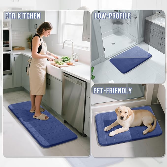 Yimobra Memory Foam Bath Mat Set 3 Pieces- Super Soft Absorbent Quick Dry Bathroom Rug Sets, Machine Washable Non Slip Floor Carpet for Tub Shower, Vanity & Toilet Base, Navy Blue