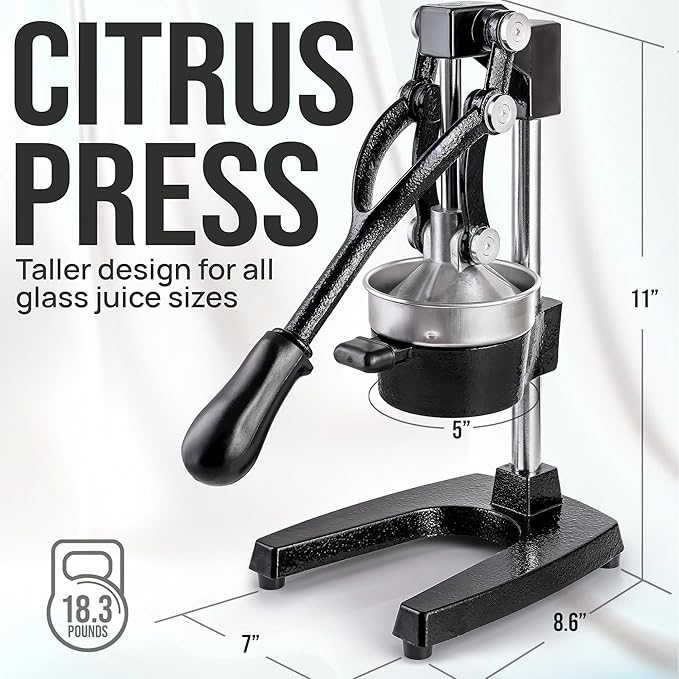 Zulay Kitchen Cast Iron Juicer - Easy-to-Clean Heavy-Duty Manual Juicer, Professional Citrus Juicer - Stainless Steel Lemon Squeezer - Manual Citrus Press & Orange Squeezer - Orange Juicer (Black)
