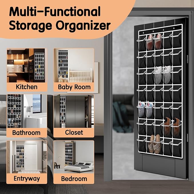 35 Compartment Over The Door Storage - Breathable Mesh Hanging Organizer with Large Pockets, Space Saving Design for Men & Women's Footwear, Closet, Bedroom- Black (Black, 35-Pocket)