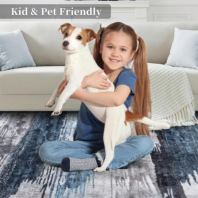 Ciicool 2'6"x10' Washable Runner Rug, Modern Abstract Hallway Rugs Runner, Non-Slip Thin Accent Rug Lightweight Navy Grey Print Distressed Carpet for Laundry Entryway Bedroom Kitchen Indoor
