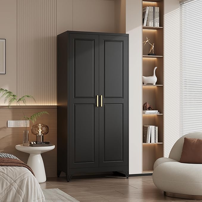 Metal Armoire Wardrobe Closet with Hanging Rod, 71" Tall Wardrobe Cabinet for Clothes, Black Clothing Storage Cabinet with Doors and Shelves, Large Wardrobes for Bedroom, Office, School, Gym