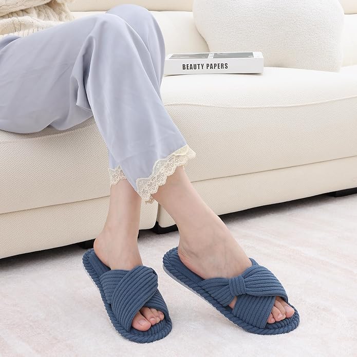 Evshine Fall House Slippers for Women Corduroy Cross Bow Indoor Slippers Open Toe Slip On Bedroom Shoes with Memory Foam