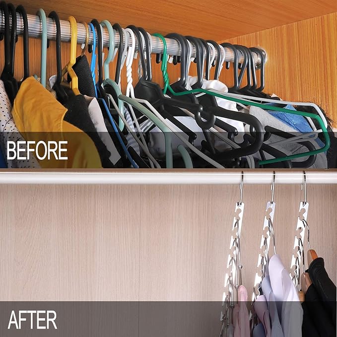 Meetu Space Saving Hangers - Metal Clothes Hangers with 6X2 Slots, Magic Cascading Design, Updated Hooks (Pack of 6)