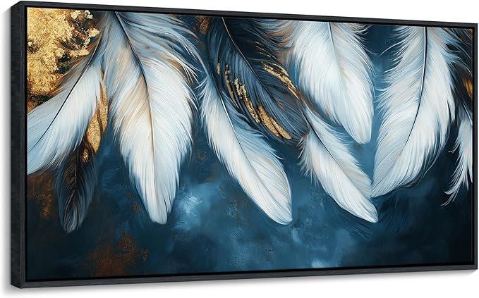 Mofutinpo Blue and Gold Wall Art Framed Navy Blue Decor for Living Room Feather Canvas Art Wall decorations, Blue Bedroom Wall Decor Above Bed Pictures Wall Decor, Painting - Artwork for Walls 20×40IN