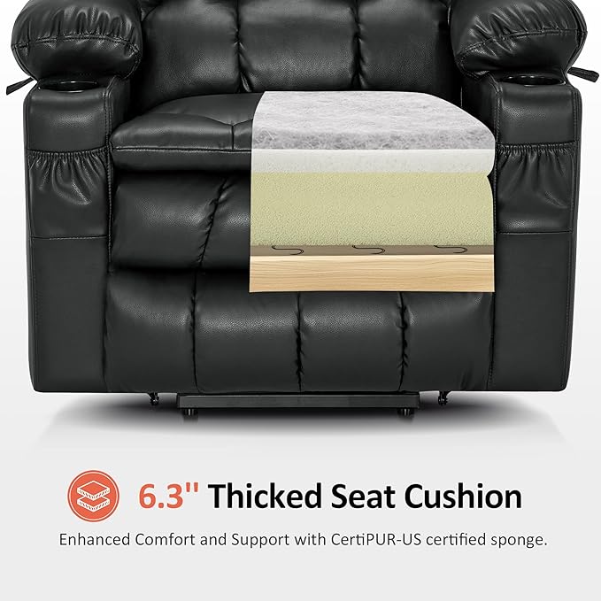 MCombo Dual Motor Large Power Lift Recliner Chair for Elderly, Lay Flat Lift Chair with Heat and Massage, Big Lift Recliner for Tall People, Faux Leather 7896 (Black, Large)