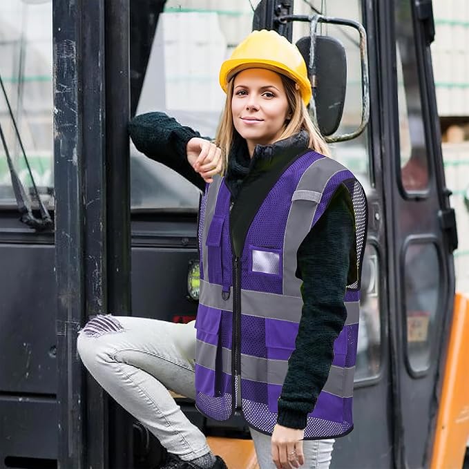 High Vis Safety Vest Reflective Strips, Multi-Pocket Design, Available in Yellow,Orange,black,Pink,blue,Red,purple