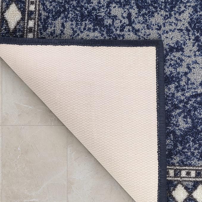Antep Rugs Alfombras Modern Bordered 2x10 Non-Skid (Non-Slip) Low Profile Pile Rubber Backing Indoor Area Runner Rugs (Navy Blue, 2' x 10')