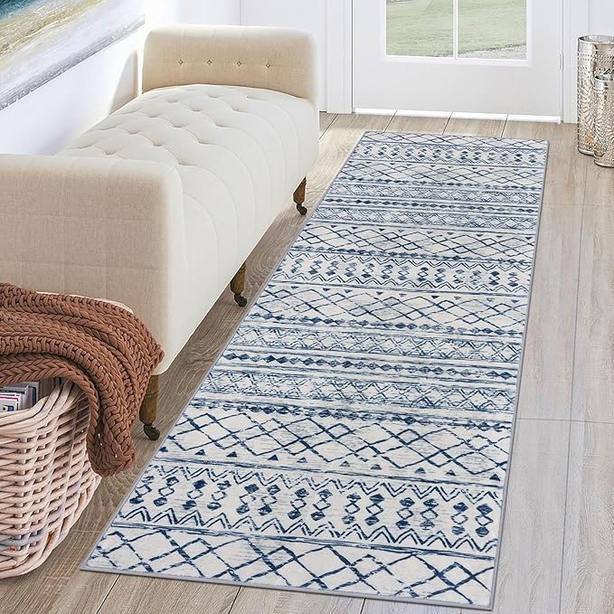 KUTA Moroccan Washable Runner Rug, 2x6 Non-Slip Vintage Blue White Boho Hallway Kitchen Rugs Ultra Soft Distressed Geometric Floor Carpet Runners for Bedroom Laundry Living Room