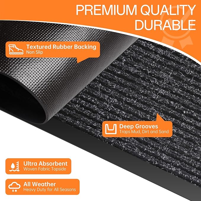 Indoor Outdoor Door Mat, 8' x 4' Doormat for Entryway, Rubber Backing Non Slip Front Door Mat Outside Entrance, Super Absorbent Commercial Floor Mat for Home Office, Black