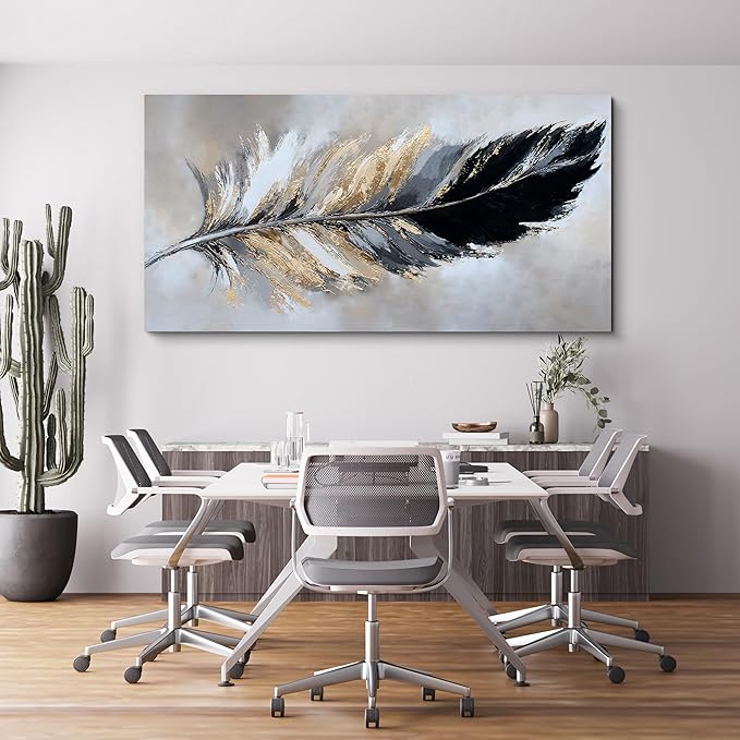 YISXINOAG Modern Canvas Wall Art Black and Gold Wall Decor Large Abstract Wall Art for Living Room Modern Home Decorations Abstract Art Prints Minimalist Feather Home Artwork Size 29"X58"