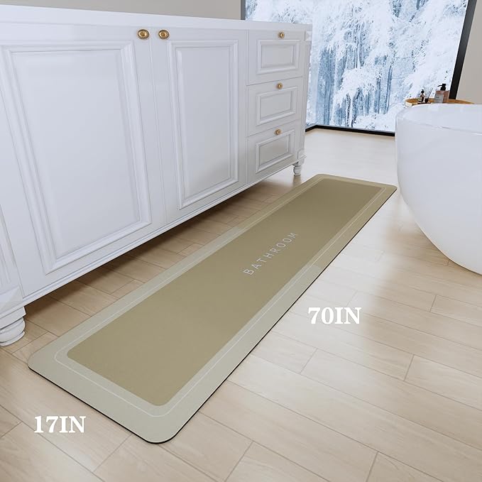 Bath Mat - Super Absorbent Non Slip Quick Dry Thin Rubber Mats for Bathroom Floor, Fit Under Door, Shower Rug for Bathtub, Beige