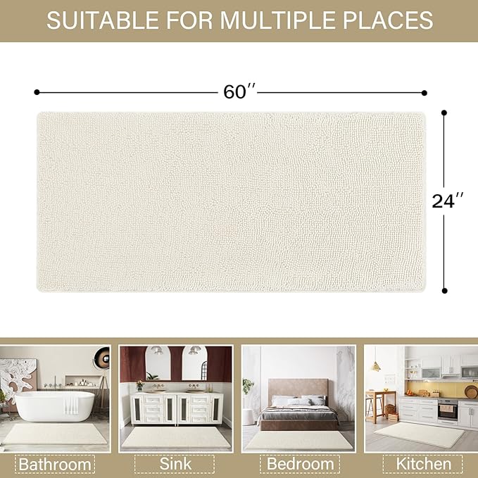 LOCHAS Luxury Bathroom Rug Shaggy Bath Mat 24 x 60 Inch, Washable Non Slip Bath Rugs for Bathroom Shower, Soft Plush Chenille Absorbent Carpets Mats, Cream White
