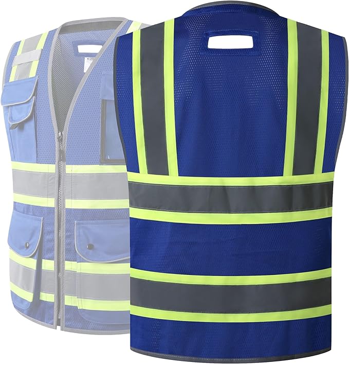 JKSafety 11 Pockets Hi-Vis Blue Mesh Safety Vest for Men Women High Visibility Reflective Construction with Zipper Work Utility PPE Work Gear ANSI/ISEA compliant (102-Blue 4XL)