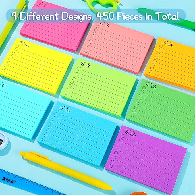 Pajean 9 Pcs/450 Sheet to Do List Sticky Note 3x4 Inch Self Stick Pads with Line Colored Planner Sticky Note Adhesive Memo for Office, Meeting, School, Study, Home Reminder (Fluorescent Color)