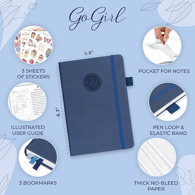 GoGirl Self-care Journal – Daily Mental Health Notebook with Mood & Wellness Trackers – Personal Development, Meditation & Reflection Journal for Women – Hardcover, Lasts 3 Months (Indigo Blue)