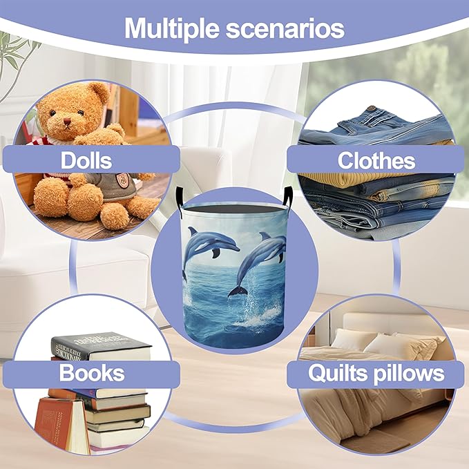 Laundry Basket,Dolphin Jump Large Canvas Fabric Lightweight Storage Hamper Organizer Dirty Clothes Collapsible Waterproof for College Dorms,Bathroom