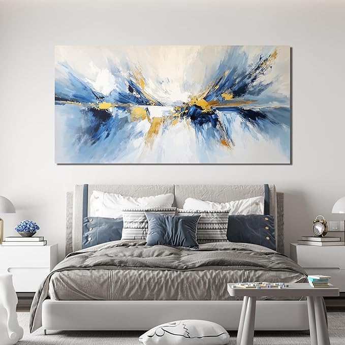 YISXINOAG Abstract Wall Art Modern Canvas Wall Decor Large Abstract Wall Art for Living Room Modern Home Artwork Prints Gold and Blue Canvas Art Wall Decor on Bedroom Ready to Hang Size 29"X58"