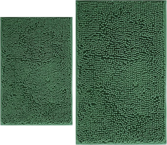 BOANKODU Bathroom Rugs Sets 2 Piece, Extra Soft Chenille Bath Mat Absorbent Bathroom Rug, Bathroom Mat with PVC Non-Slip Bottom, Machine Washable Bath Rugs (32x20 Inch + 24x16 Inch, Dark Green)