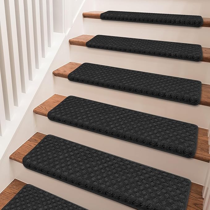 PURE ERA Bullnose Carpet Stair Treads Tape Free Non-Slip Indoor Stair Protectors Pet Friendly Stair Treads for Wooden Steps 9.5" x 30"(14 Pieces,Black Mini-Diamond Trellis)