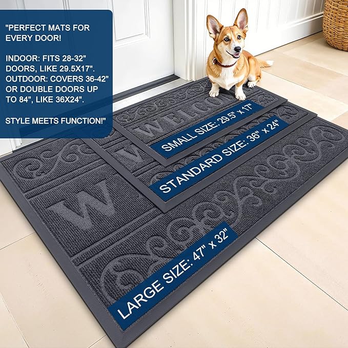 OLANLY Welcome Door Mat Indoor Outdoor Entrance, Heavy Duty Sturdy Front Door Mat, Waterproof All-Weather Doormat, Stain Resistant, Low Profile, Easy Clean Patio Entryway Mat, 59 x 35, Medium Grey