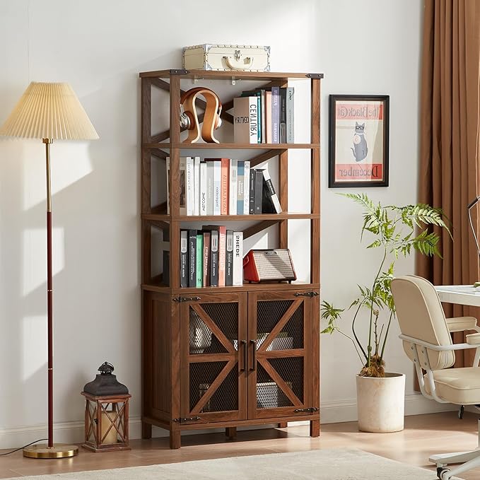 5 Tier Bookshelf 70" Tall Bookcase with Barn Doors,Large Farmhouse Display Book Shelf with Adjustable Shelves and Storage Cabinet，Library Wood Bookshelves for Living Room,Kitchen,Brown