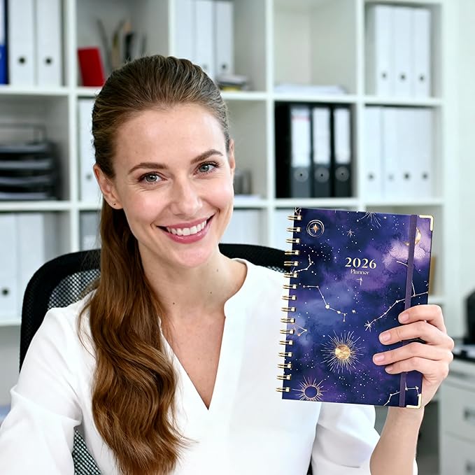 AHGXG 2026 Planner, Weekly and Monthly Planner for Women, Jan 2026 - Dec 2026, Medium Size (5.7" x 8.3"), Calendar 2026, Hardcover with Monthly Tabs, Spiral-Bound, Black-Starry Sky