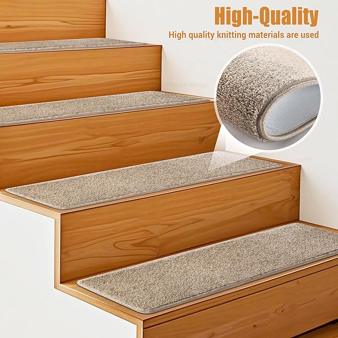 PURE ERA Carpet Stair Treads Tape Free Non Slip Indoor Stair Carpet Stair Protectors Pet-Friendly Non-Slip Skid Resistant Washable Reusable 8" x 30"(2 Pieces,Cream Gray)