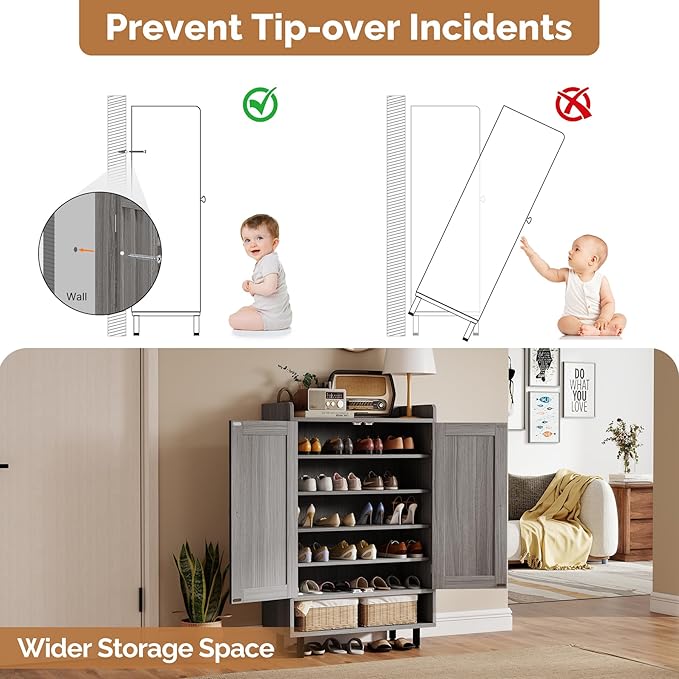 Entrance Shoe Cabinet with Doors,6-Tier Farmhouse Shoe Storage Organizer with Adjustable Shelves Holds 18-28 Pairs and Metal Legs, Entry Organizer Entryway, Living Room (Grey)