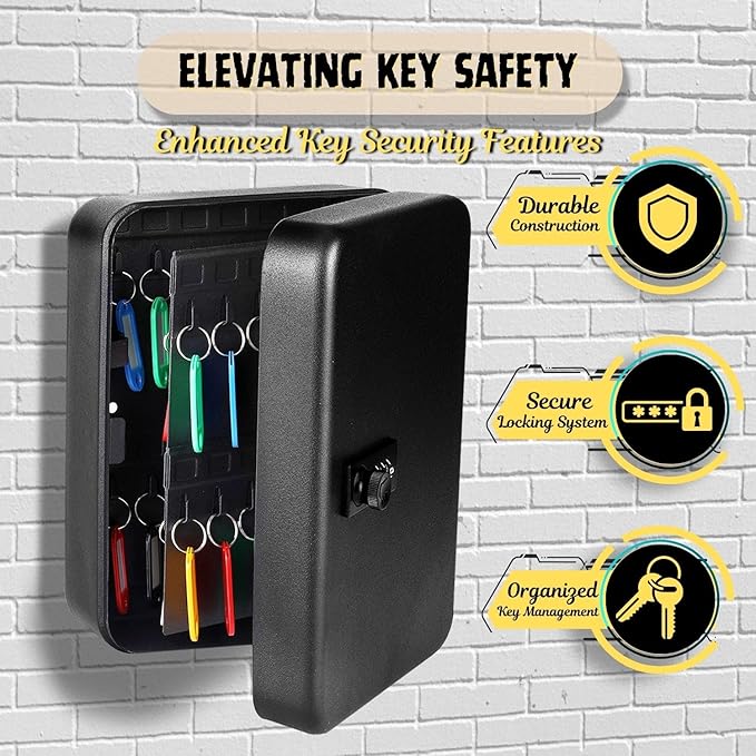 Flexzion Key Cabinet Key Lock Box Wall Mount with 40 Key Holder Organizer Locker Case, Colored Key Tags & Hooks Wall Mounted Lock Box for Keys Storage, Homes, Property, Hotels, Business (Black)