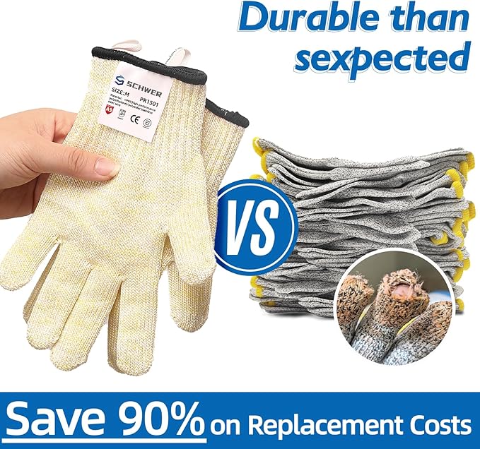 Schwer SlicePro ANSI A9 Cut Resistant Gloves, Food Grade Cutting Glove, Mandoline Gloves for Kitchen, Oyster Shucking, 2 Pairs, M, Beige