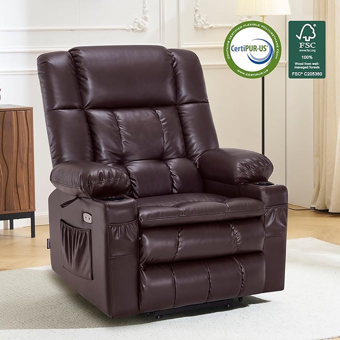MCombo Dual Motor Large Power Lift Recliner Chair for Elderly, Lay Flat Lift Chair with Heat and Massage, Big Lift Recliner for Tall People, Faux Leather 7896 (Dark Brown, Large)