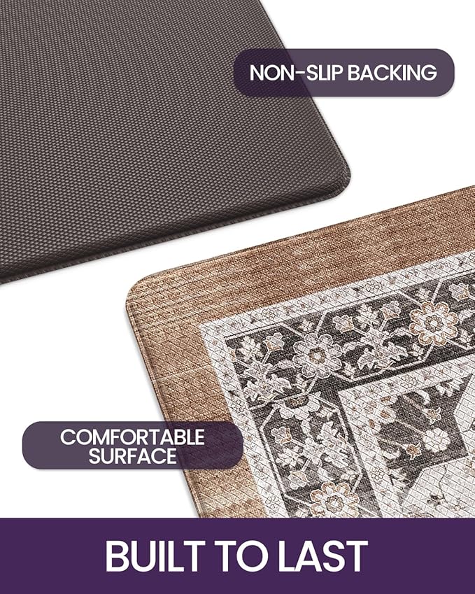 DEXI Kitchen Floor Mats Cushioned Anti Fatigue, 23x86 Long Wide Standing Comfort Runner Rug, Waterproof Retro Floral Memory Foam Padded for Front Sink Laundry, Brown/White