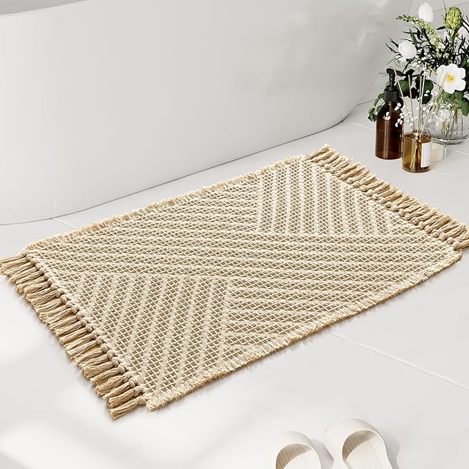 H.VERSAILTEX Waffle Bath Mat Super Absorbent Boho Bath Mat Non Slip Bath Rugs for Bathroom Floor Machine Washable Dry Fast Bathroom Rugs with Tassels, 20" x 32", Sand