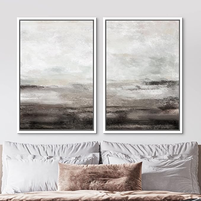 MUDECOR Framed Wall Art Print Set Brown and Gray Grunge Paint Stroke Landscape Abstract Shapes Illustrations Modern Minimalist Chic Relax/Calm for Living Room, Bedroom, Office - 16"x24"x2 White