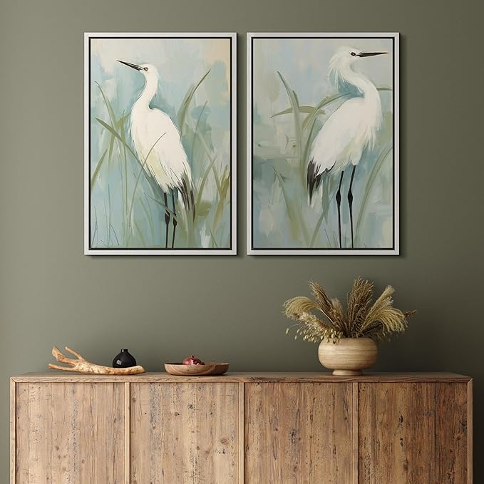 MUDECOR Framed Canvas Print Wall Art White Heron Pair in Marsh Coastal Illustrations Modern Art Decorative Bohemian Colorful for Living Room, Bedroom, Office - 16"x24"x2 White