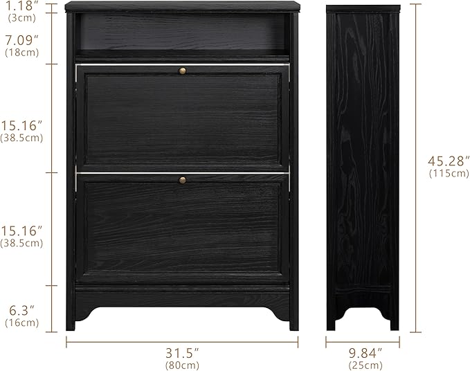 Chogori Solid Wood Shoe Storage Cabinet for Entryway - Narrow Freestanding Shoe Organizer with 2 Flip-Up Drawers, Hallway Shoe Rack with Sturdy Wooden Legs for Foyer, Living Room (2, Onyx Black)