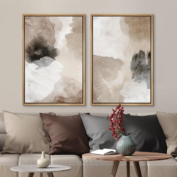 MUDECOR Framed Canvas Print Wall Art Watercolor Brown White Black Collage Abstract Shape Illustrations Modern Art Decorative Bohemian Colorful for Living Room, Bedroom, Office - 16"x24"x2 Natural